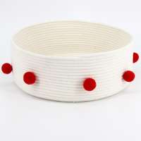 Hot new arrival round cat bed white rope cotton pet basket with pompons