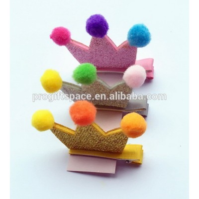 China Waimaotong new design cute no slip princess crown polyester hair clips fabric hairpin with sequin pompon for bulk boutique