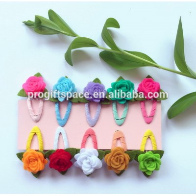 China factory price assorted modern design pink rose flower fabric hair pin wool felt clip hair with green leaf for children